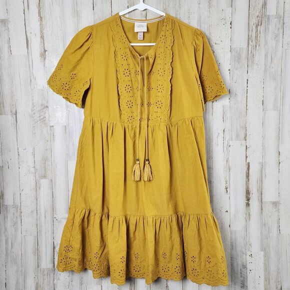 Knox Rose Eyelet Short Sleeve Boho Dress Mustard Size XS - Picture 1 of 11